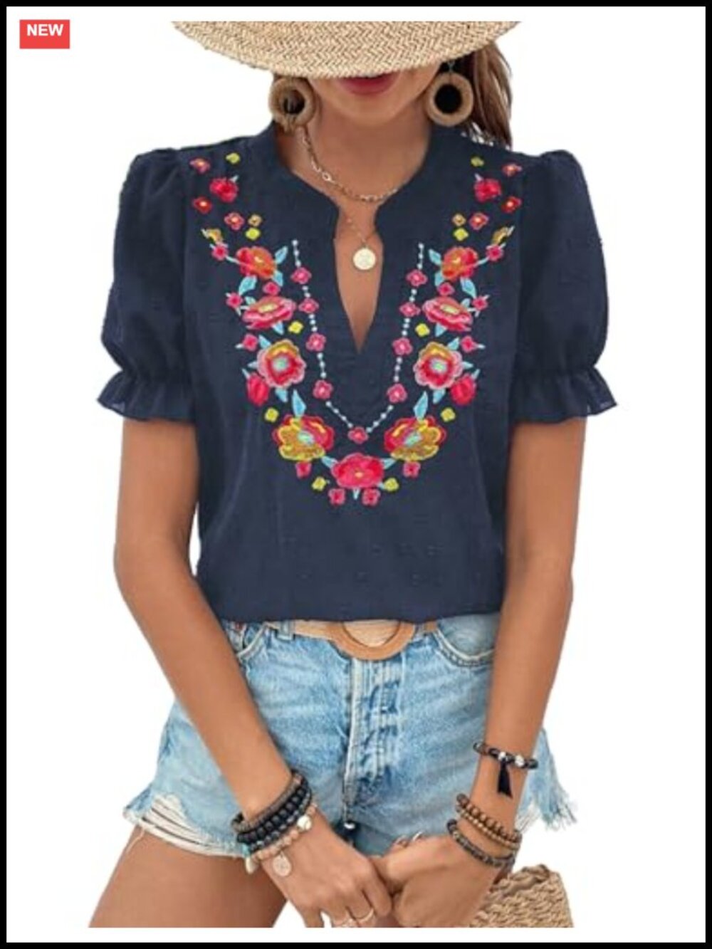 Women's Floral Embroidered V Neck Boho Short Puff Sleeve Blouse